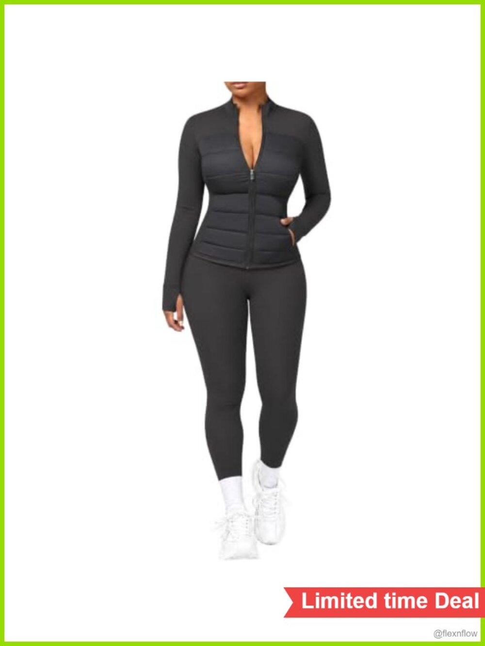 Womens 2 Piece Workout Set Quilted Running Jacket High Waist Yoga Leggings